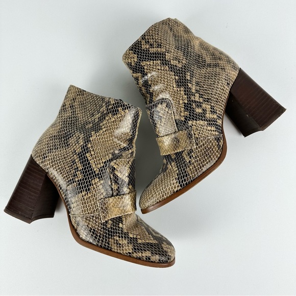 Topshop Snakeskin Print Booties Tan Black Leather High Block Heels Women’s 38 - Picture 2 of 16